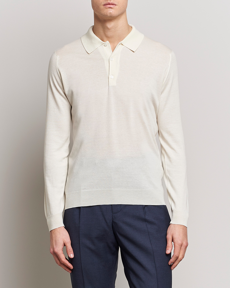 Men | Knitted Polo Shirts | John Smedley | Belper Wool/Cotton Polo Pullover Latte