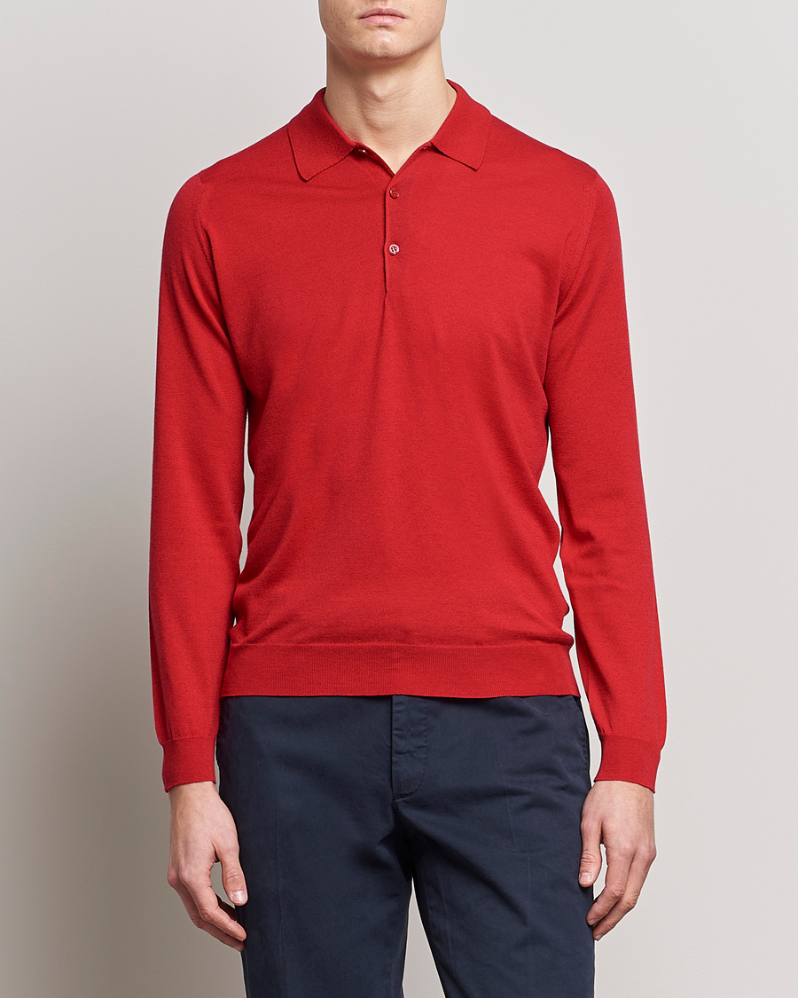 Men | Knitted Polo Shirts | John Smedley | Belper Wool/Cotton Polo Pullover Ruby