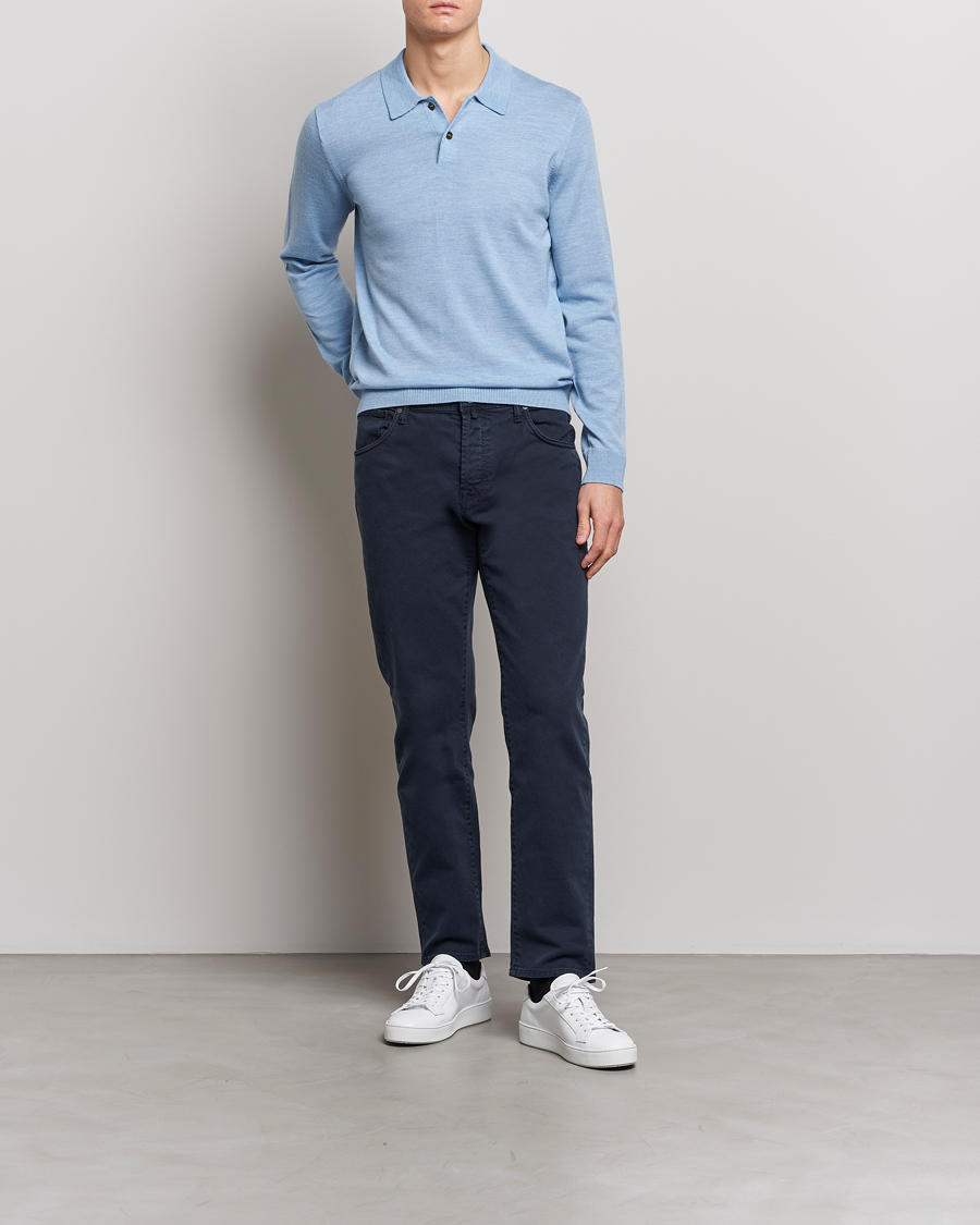 Men | Sweaters & Knitwear | Morris | Merino Knitted Polo Light Blue