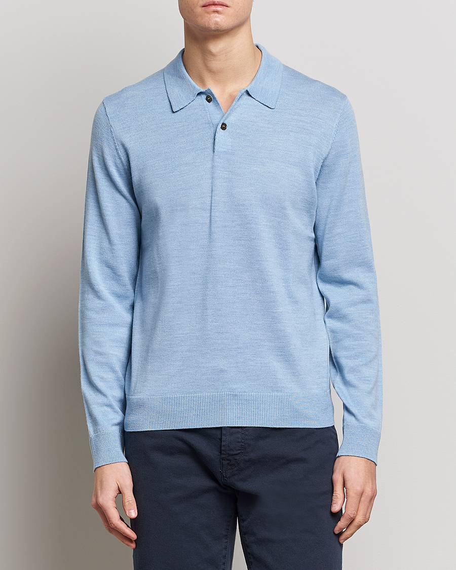 Men | Sweaters & Knitwear | Morris | Merino Knitted Polo Light Blue