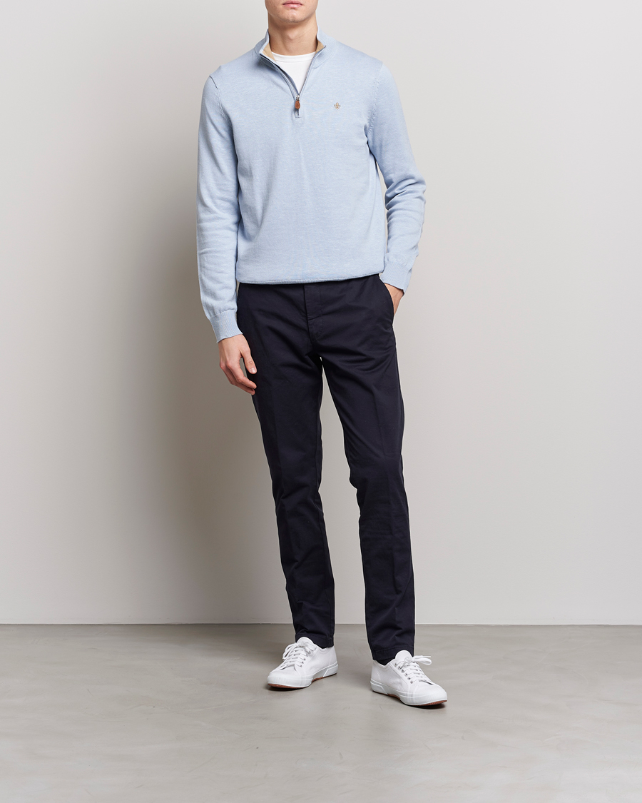 Men | Sweaters & Knitwear | Morris | Harold Cotton/Linen Summer Half Zip Light Blue