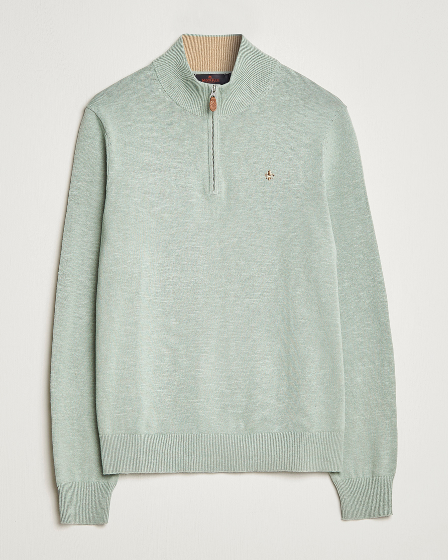 Men | Sweaters & Knitwear | Morris | Harold Cotton/Linen Summer Half Zip Mint Green