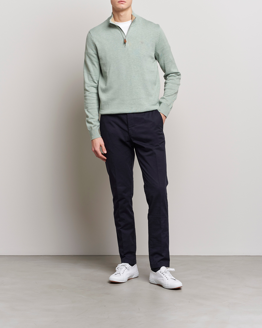 Men | Sweaters & Knitwear | Morris | Harold Cotton/Linen Summer Half Zip Mint Green