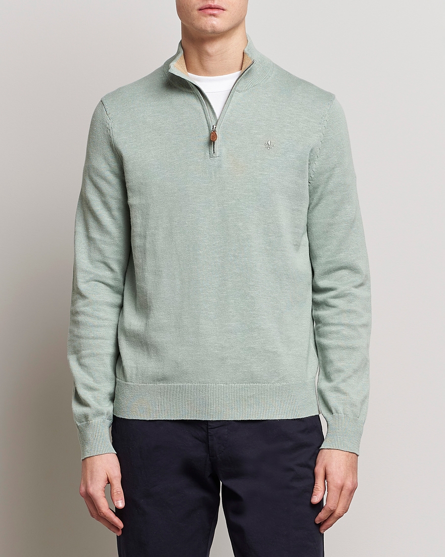 Men | Sweaters & Knitwear | Morris | Harold Cotton/Linen Summer Half Zip Mint Green