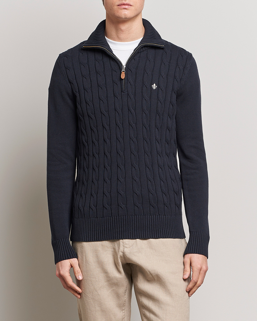 Men | Sweaters & Knitwear | Morris | Raymond Cable Half Zip Old Blue