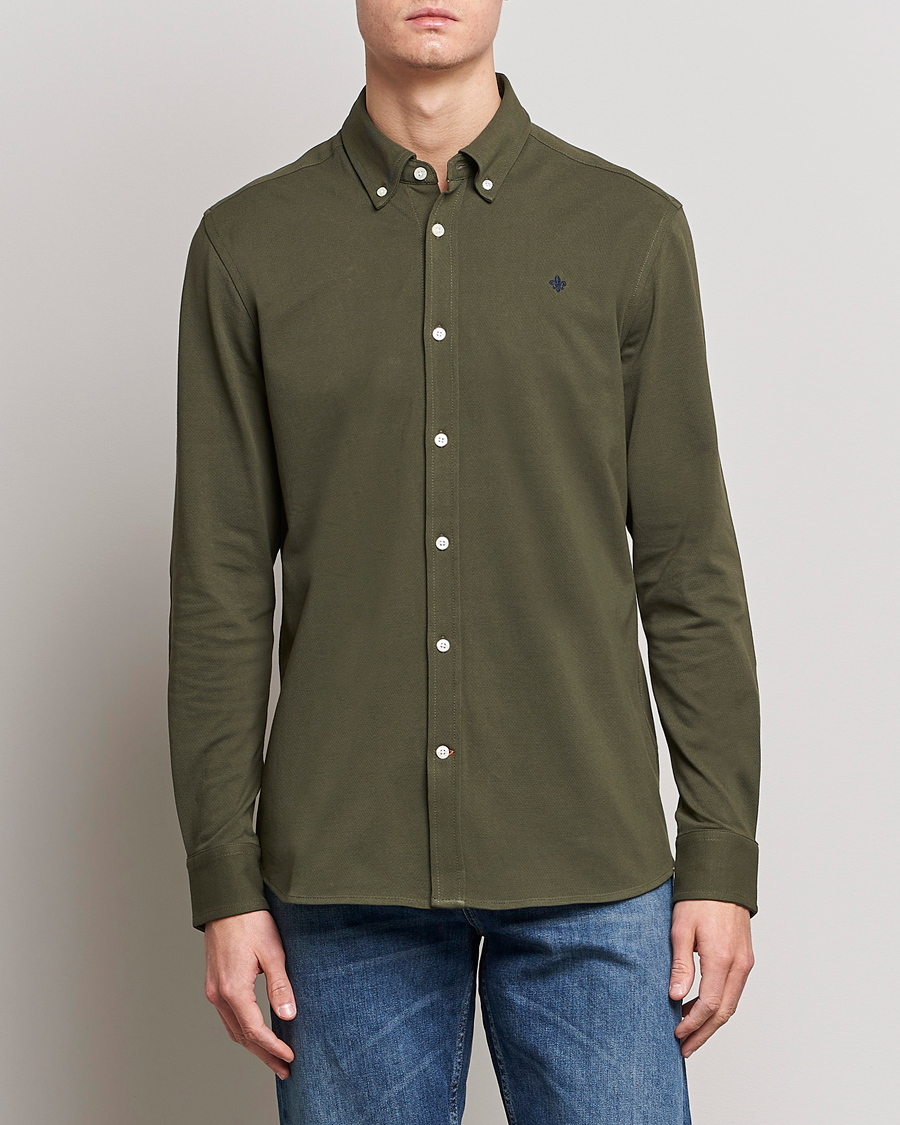 Men | Polo Shirts | Morris | Ivory Jersey Button Down Shirt Green