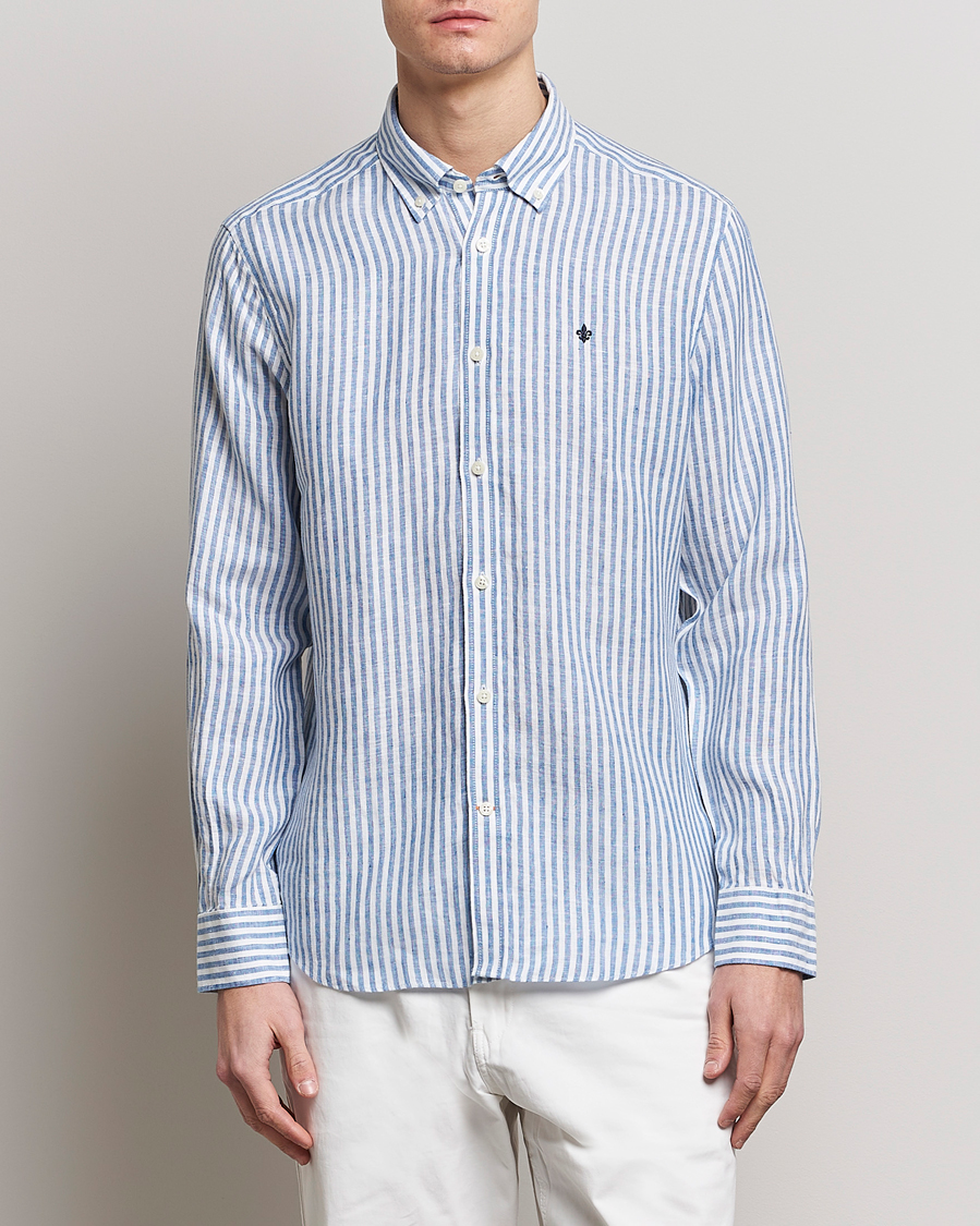 Men | Linen Shirts | Morris | Douglas Linen Button Down Striped Shirt Navy/White