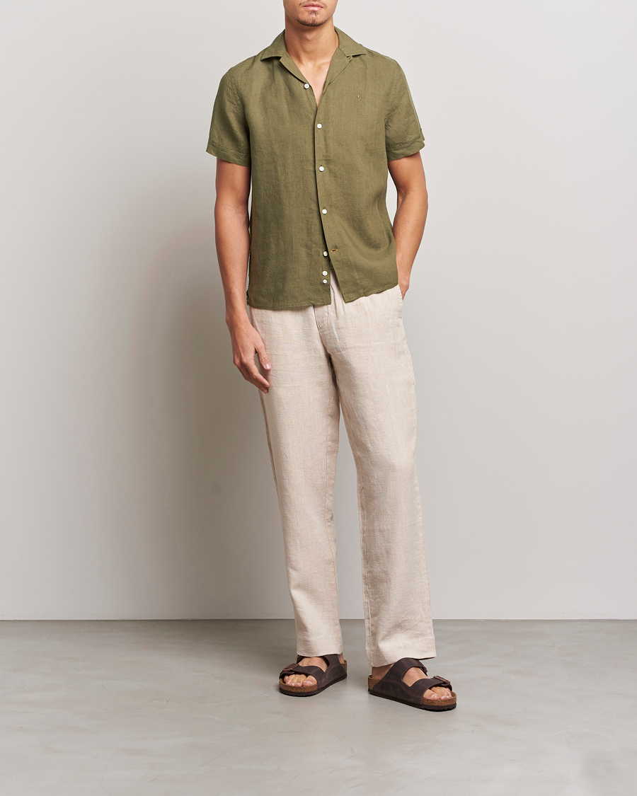 Men | Shirts | Morris | Douglas Linen Short Sleeve Shirt Dark Green
