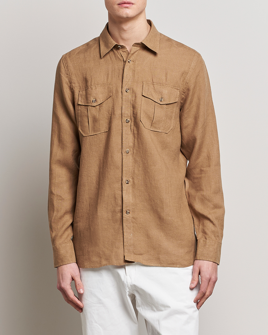 Men | Linen Shirts | Morris | Safari Linen Shirt Khaki Brown