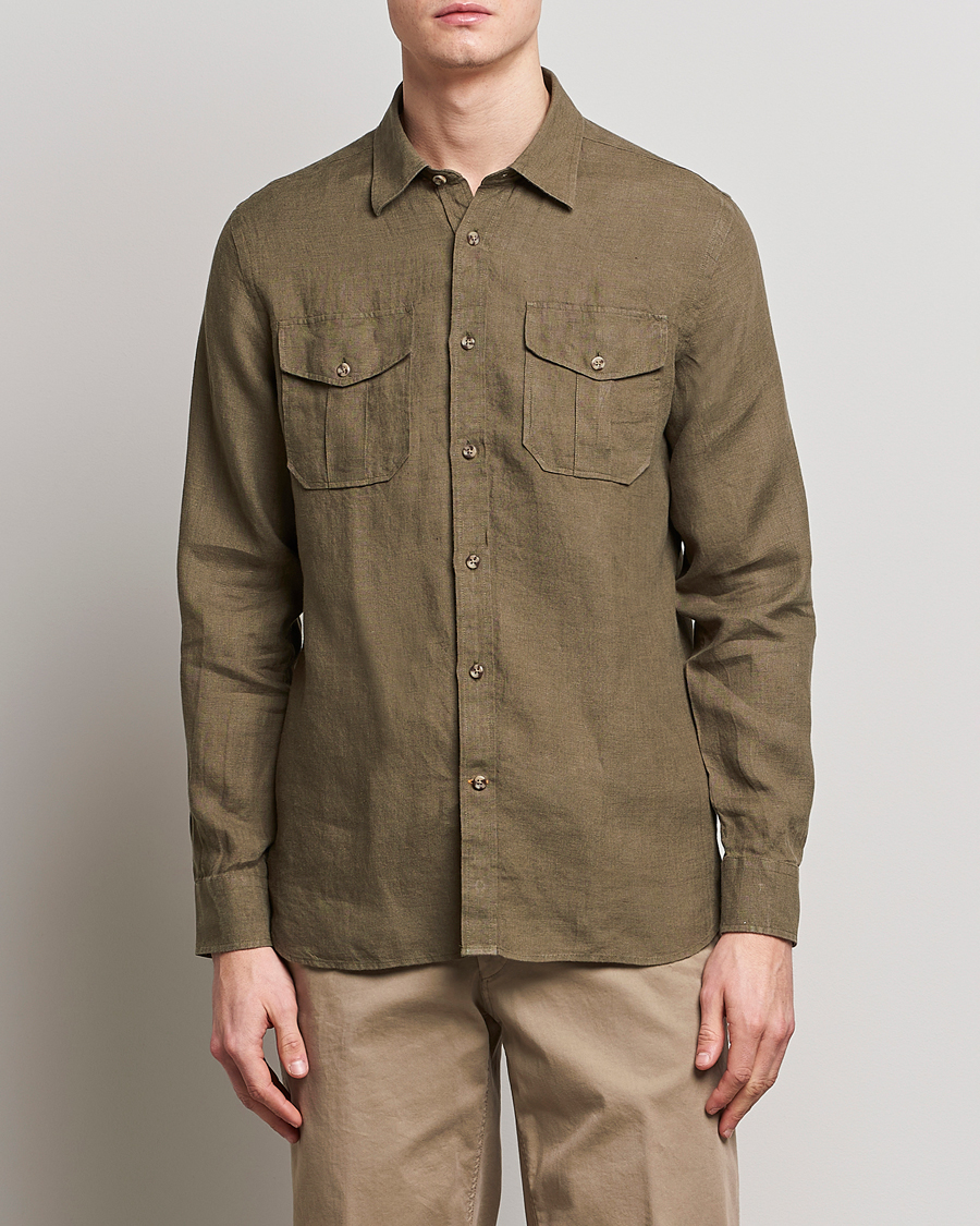 Men | Linen Shirts | Morris | Safari Linen Shirt Dark Green