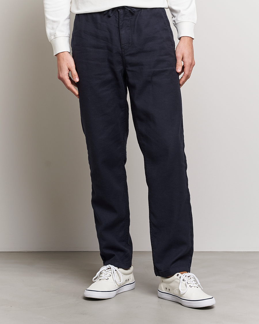 Men | Linen Trousers | Morris | Fenix Linen Drawstring Trousers Navy