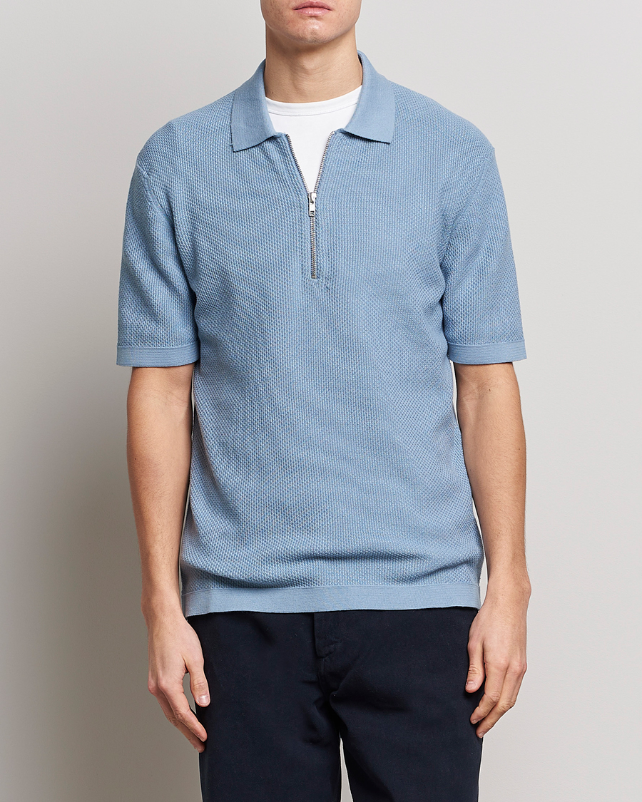 Men | Short Sleeve Polo Shirts | NN07 | Hansie Structured Zip Polo Ashley Blue