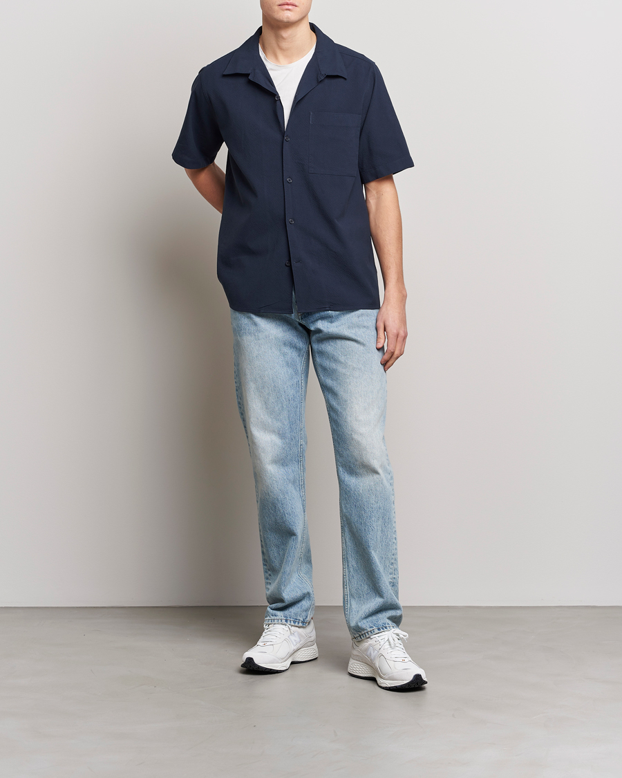 Men | Shirts | NN07 | Julio Seersucker Short Sleeve Shirt Navy Blue