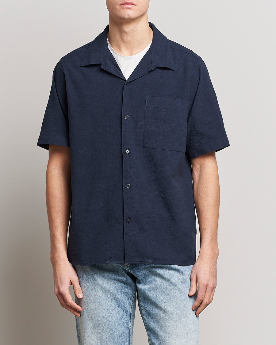 Men | Shirts | NN07 | Julio Seersucker Short Sleeve Shirt Navy Blue