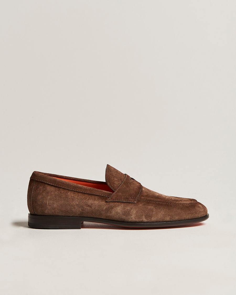 Men | Santoni Penny Loafer Dark Brown Suede | Santoni | Penny Loafer Dark Brown Suede