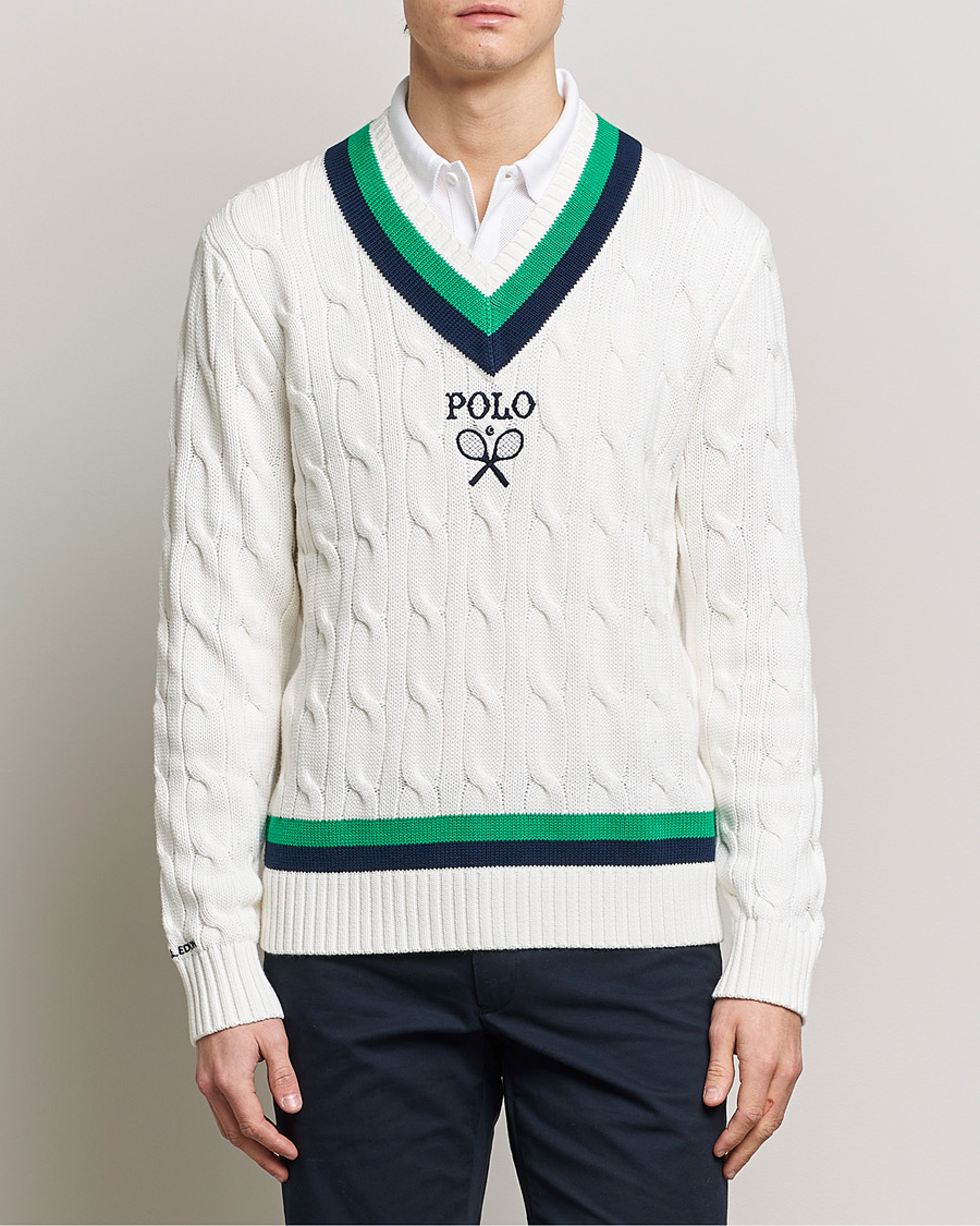 Men | Knitted Jumpers | Polo Ralph Lauren | Knitted V-Neck Cricket Sweater Ceramic White