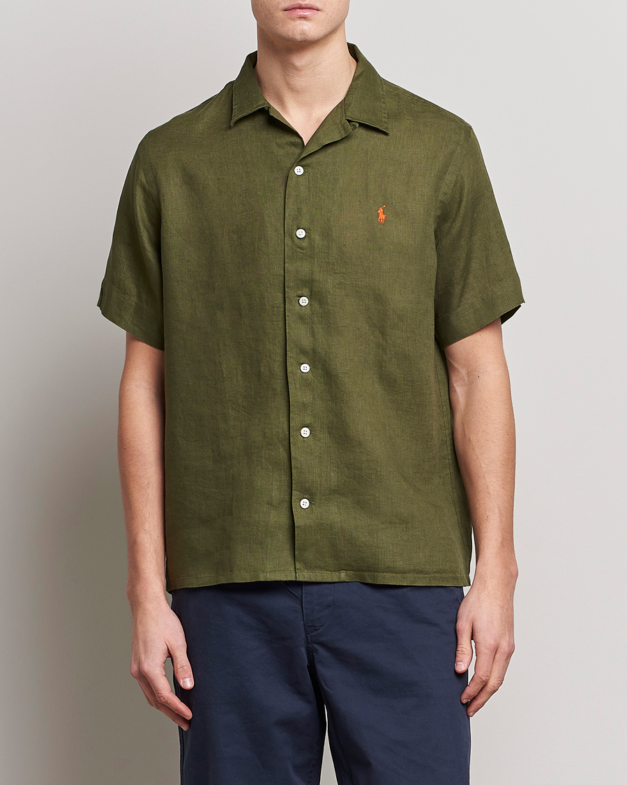 Men | Shirts | Polo Ralph Lauren | Linen Camp Collar Short Sleeve Shirt Dark Sage