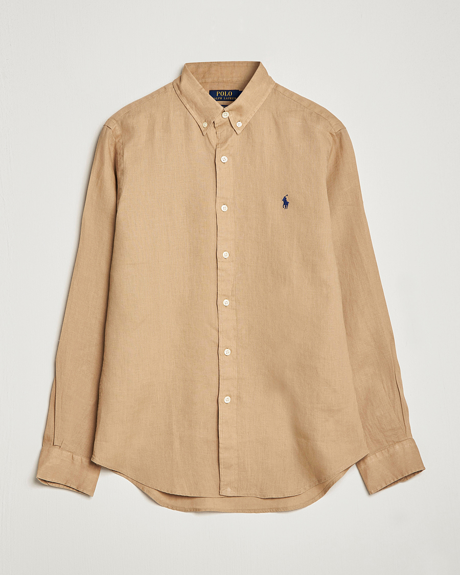 Polo Ralph Lauren Slim Fit Linen Button Down Shirt Vintage Khaki at CareOfC
