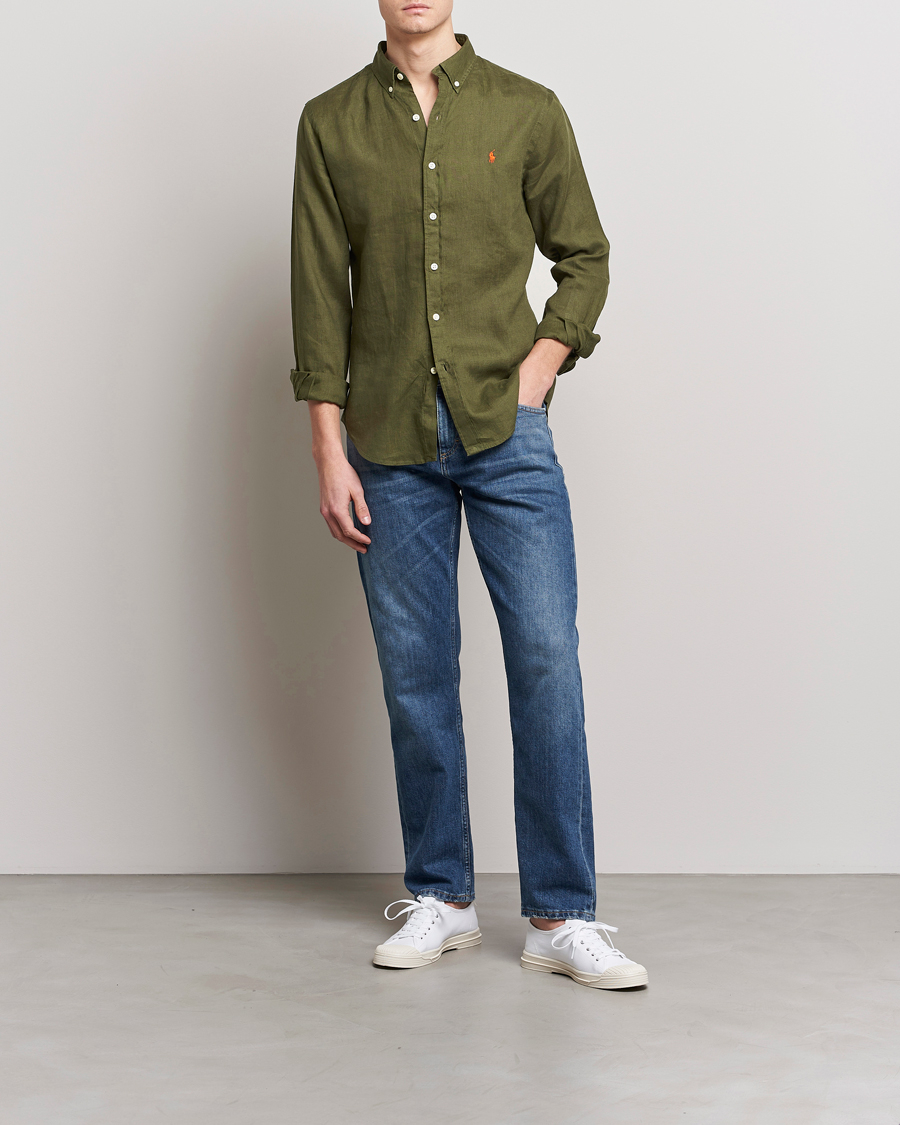 Men | Shirts | Polo Ralph Lauren | Slim Fit Linen Button Down Shirt Dark Sage