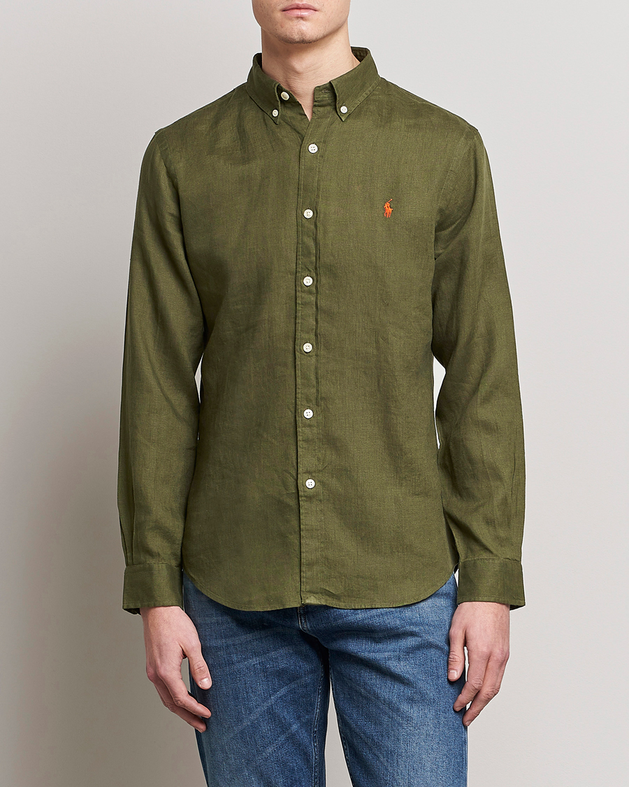 Men | Shirts | Polo Ralph Lauren | Slim Fit Linen Button Down Shirt Dark Sage