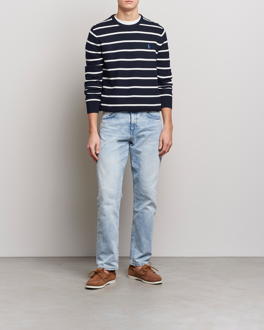 Men | Sweaters & Knitwear | Polo Ralph Lauren | Textured Striped Crew Neck Sweater Navy/White