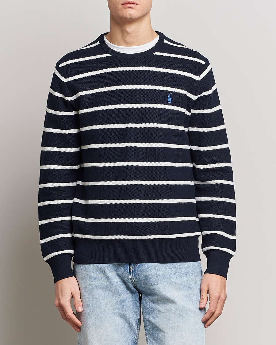 Men | Knitted Jumpers | Polo Ralph Lauren | Textured Striped Crew Neck Sweater Navy/White