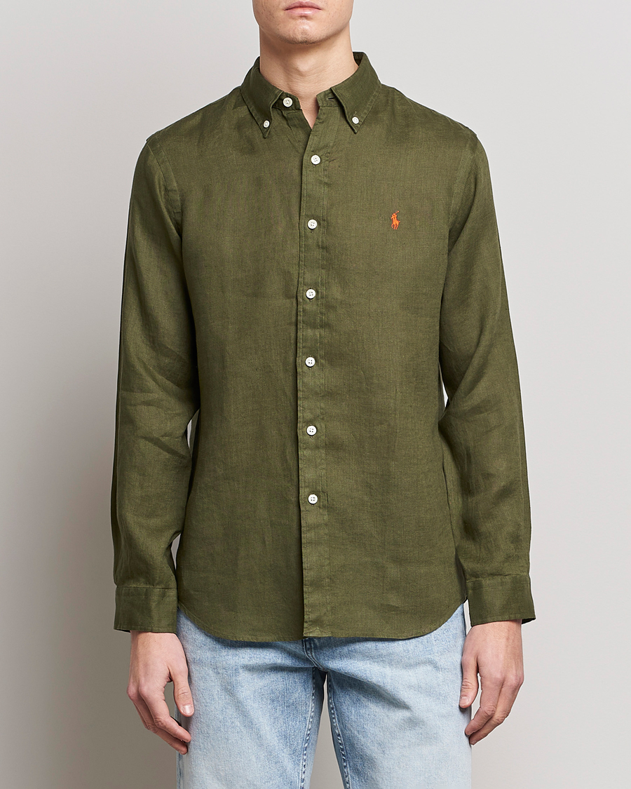 Men | Linen Shirts | Polo Ralph Lauren | Custom Fit Linen Button Down Dark Sage