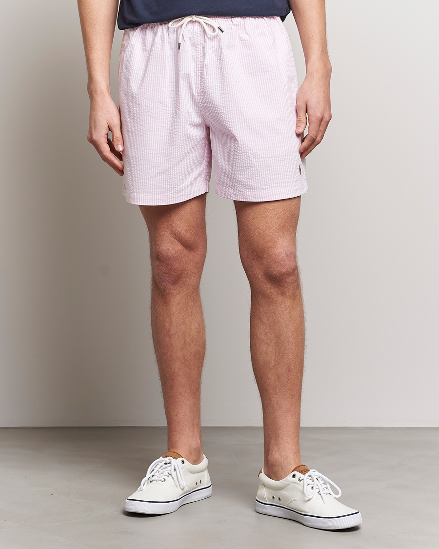 Men | Swimwear | Polo Ralph Lauren | Recyceled Traveler Boxer Seersucker Swimshorts Pink/White
