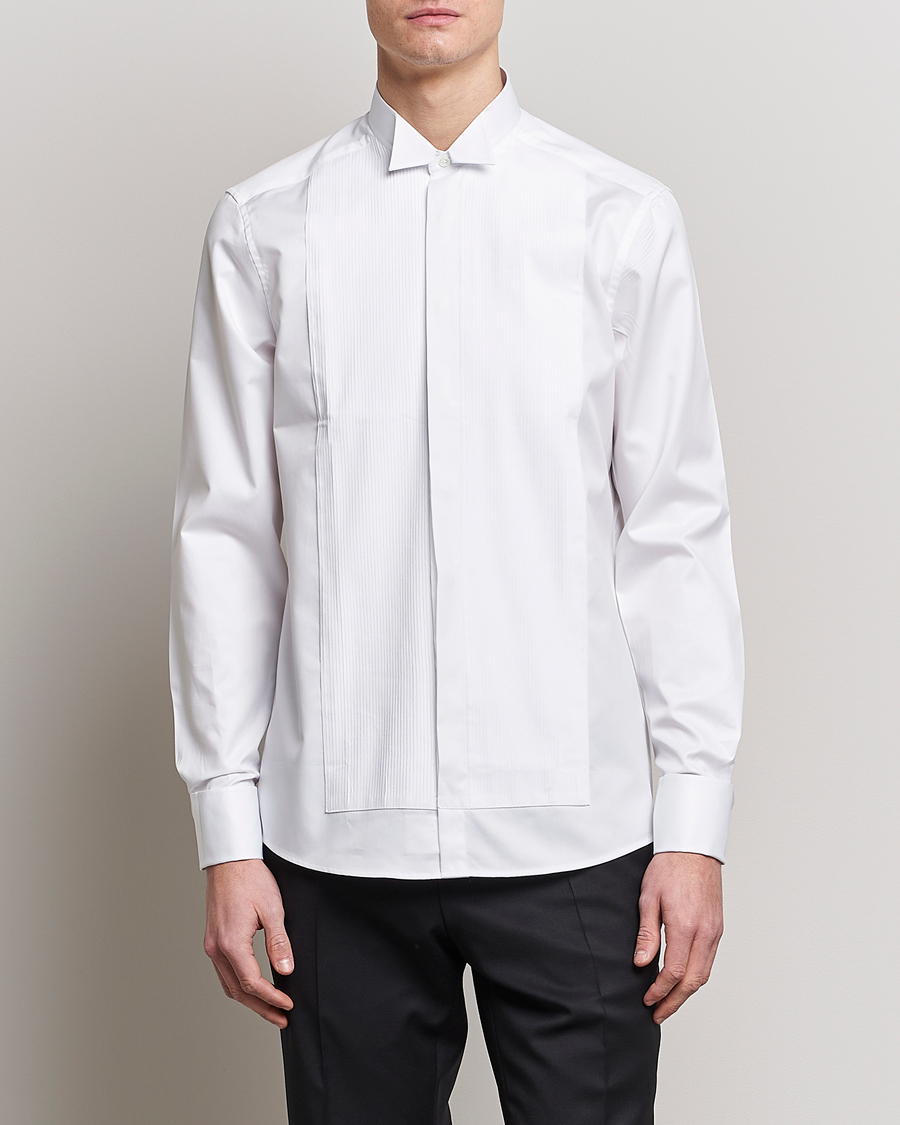 Men | Dress Shirts | Stenströms | Slimline Stand Up Collar Plissè Shirt White