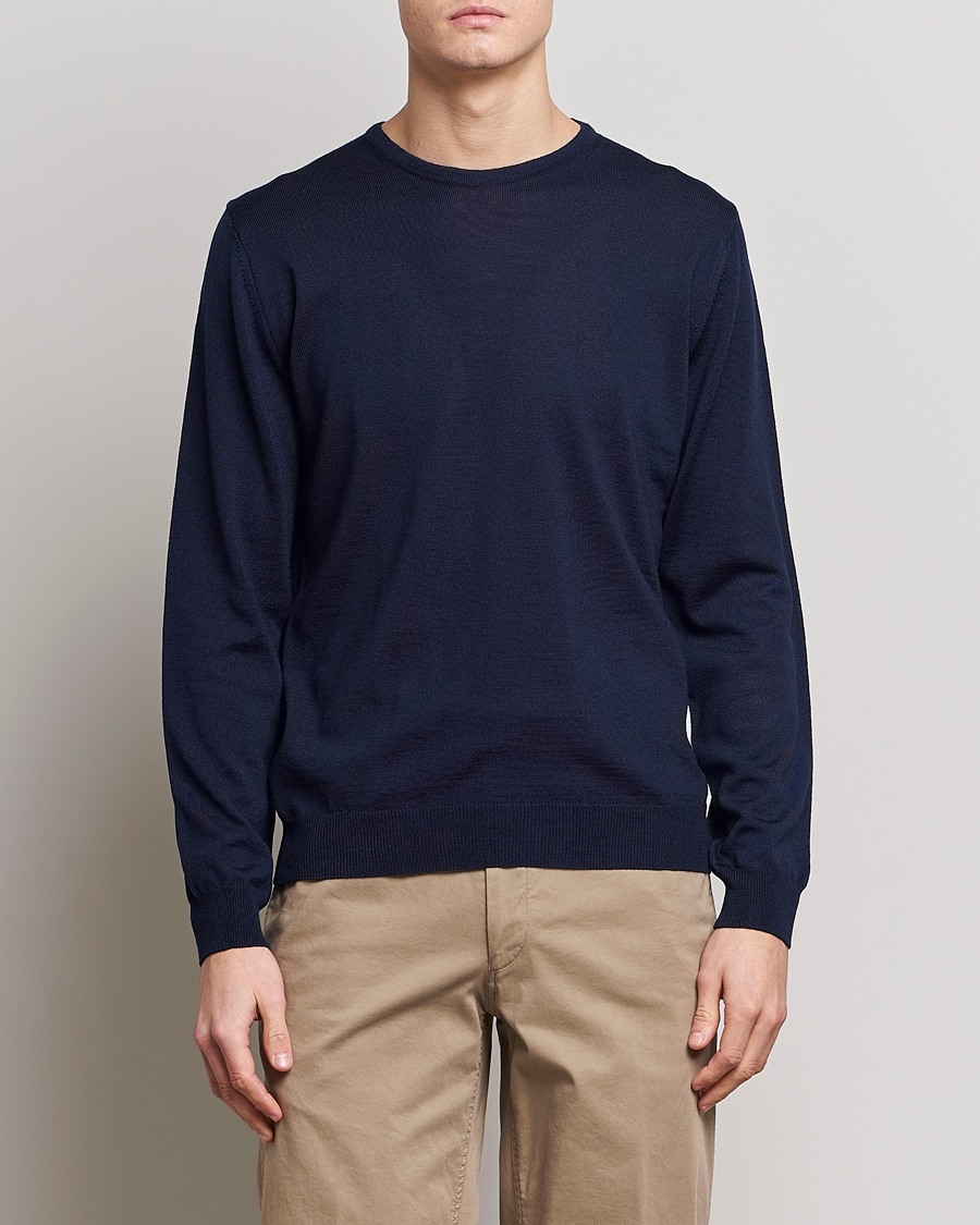 Men | Sweaters & Knitwear | Stenströms | Merino Patch Crew Neck Navy/Light Blue