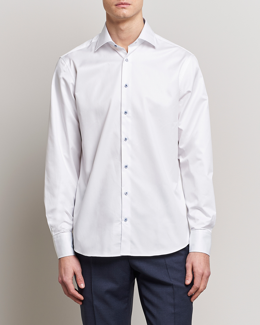 Men | Business Shirts | Stenströms | Fitted Body Contrast Cut Away Shirt White