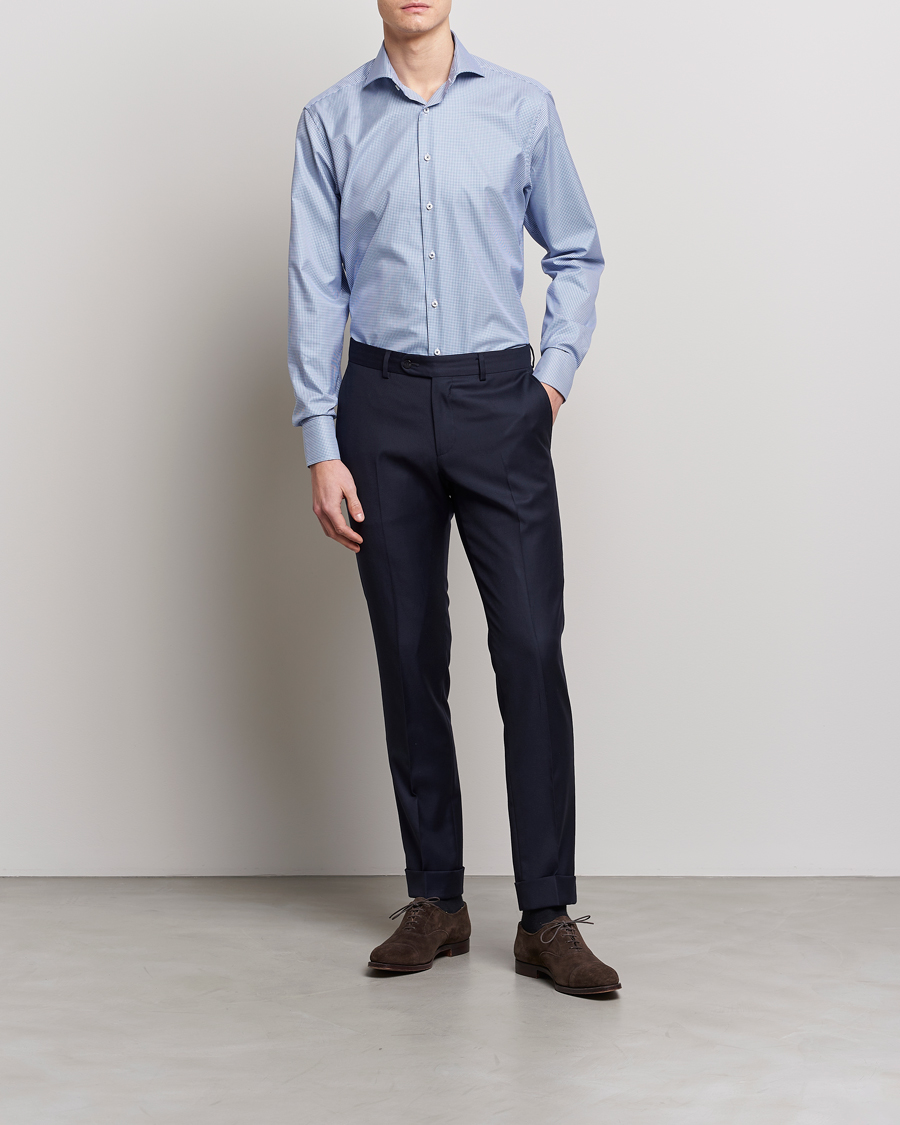 Herr | Businesskjortor | Stenströms | Fitted Body Small Check Cut Away Shirt Blue