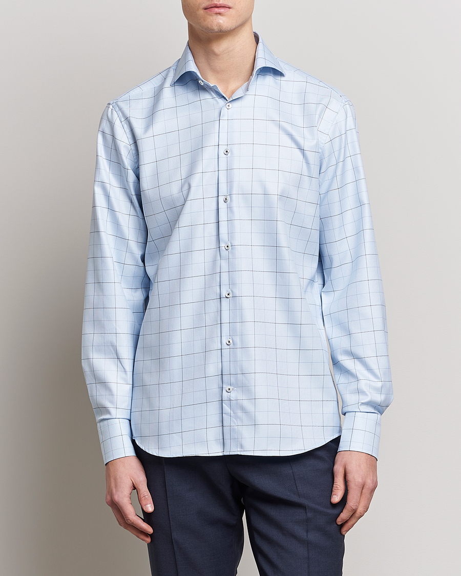 Men | Business Shirts | Stenströms | Fitted Body Cut Away Windowpane Shirt Blue