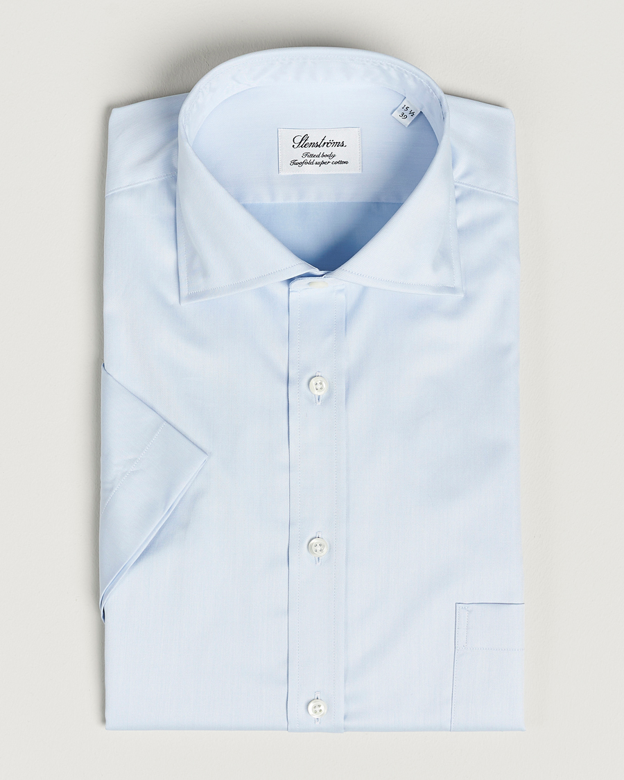 Men | Shirts | Stenströms | Fitted Body Short Sleeve Twill Shirt Light Blue