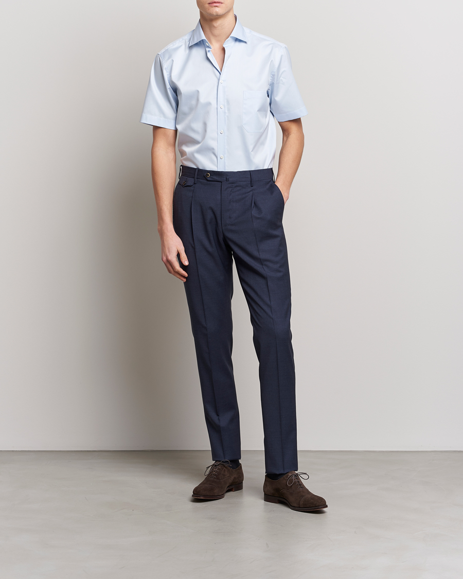 Men | Shirts | Stenströms | Fitted Body Short Sleeve Twill Shirt Light Blue