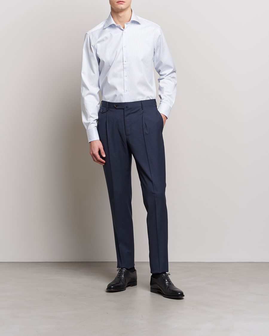 Men | Clothing | Stenströms | Fitted Body Cotton Double Cuff Shirt White/Blue