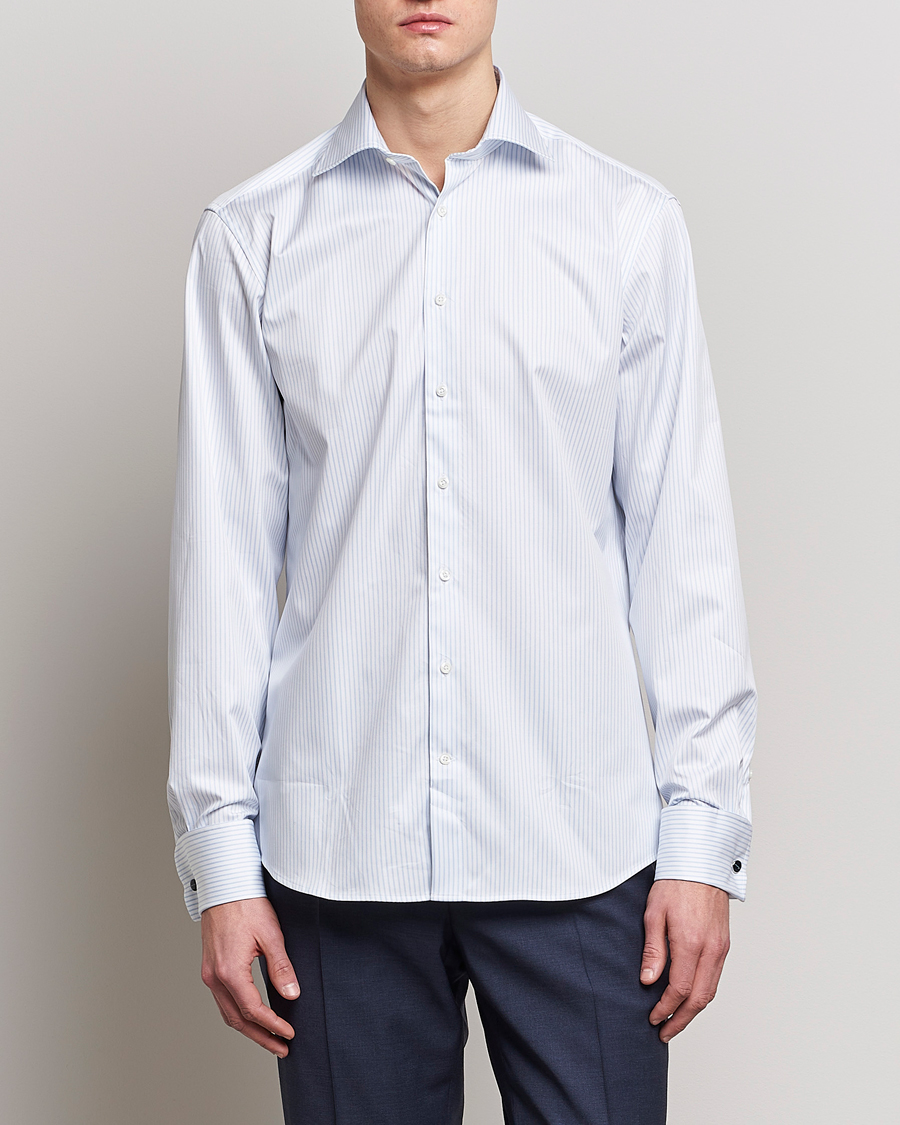 Men | Business Shirts | Stenströms | Fitted Body Cotton Double Cuff Shirt White/Blue