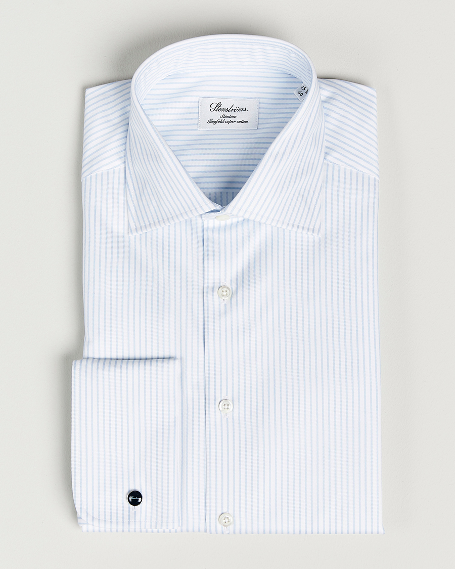Men | Shirts | Stenströms | Slimline Cotton Double Cuff Shirt White/Blue