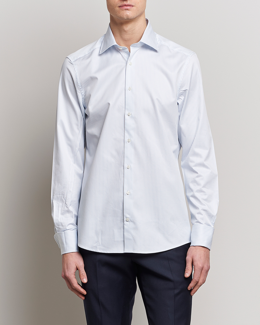 Men |  | Stenströms | Slimline Cotton Double Cuff Shirt White/Blue