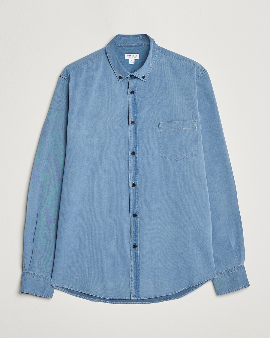 Men | Shirts | Sunspel | Cotton Twill Indigo Shirt Light Indigo