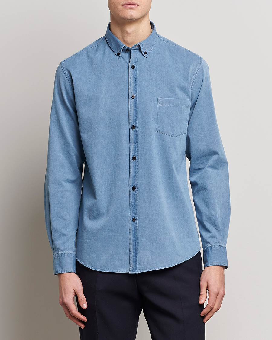 Men | Shirts | Sunspel | Cotton Twill Indigo Shirt Light Indigo