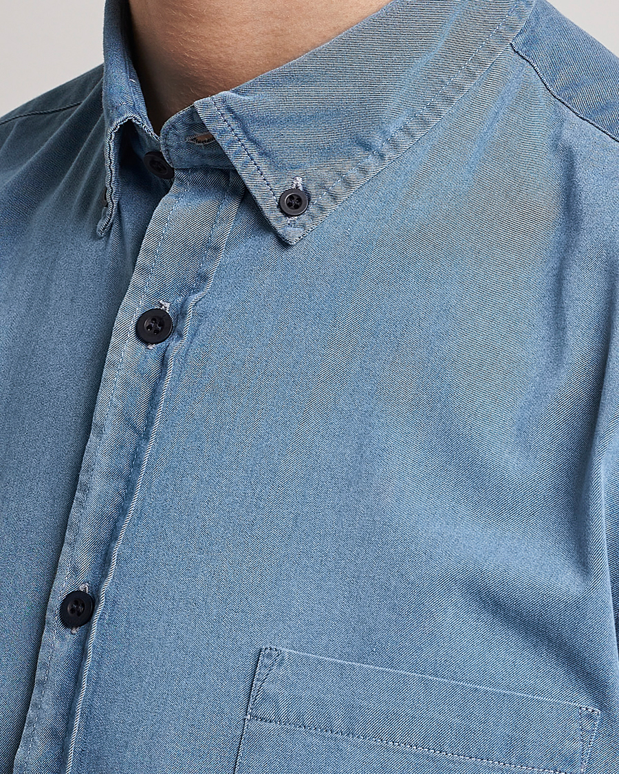 Men | Shirts | Sunspel | Cotton Twill Indigo Shirt Light Indigo
