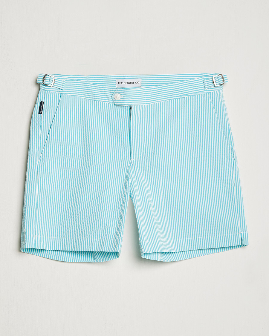 Men | Swimwear | The Resort Co | Tailored Swim Shorts Turquoise Stripe Seersucker