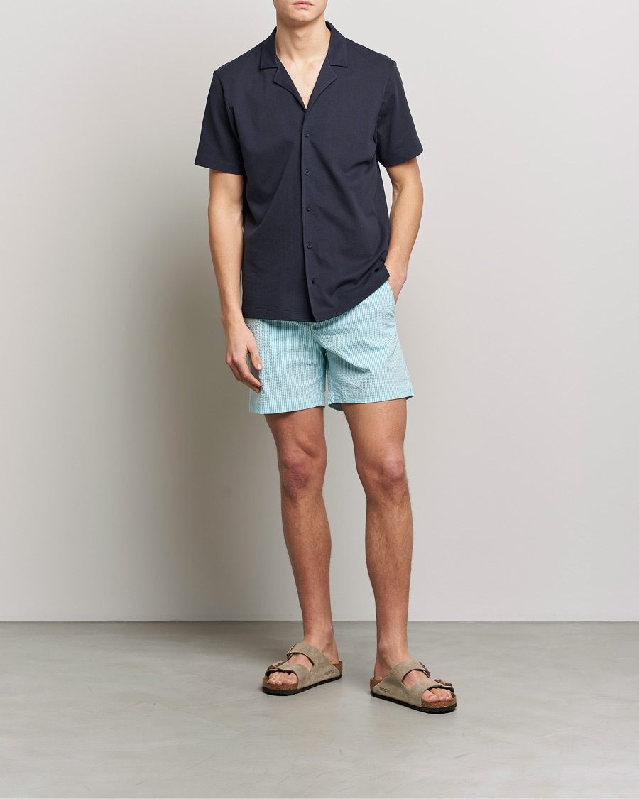 Men | Swimwear | The Resort Co | Tailored Swim Shorts Turquoise Stripe Seersucker