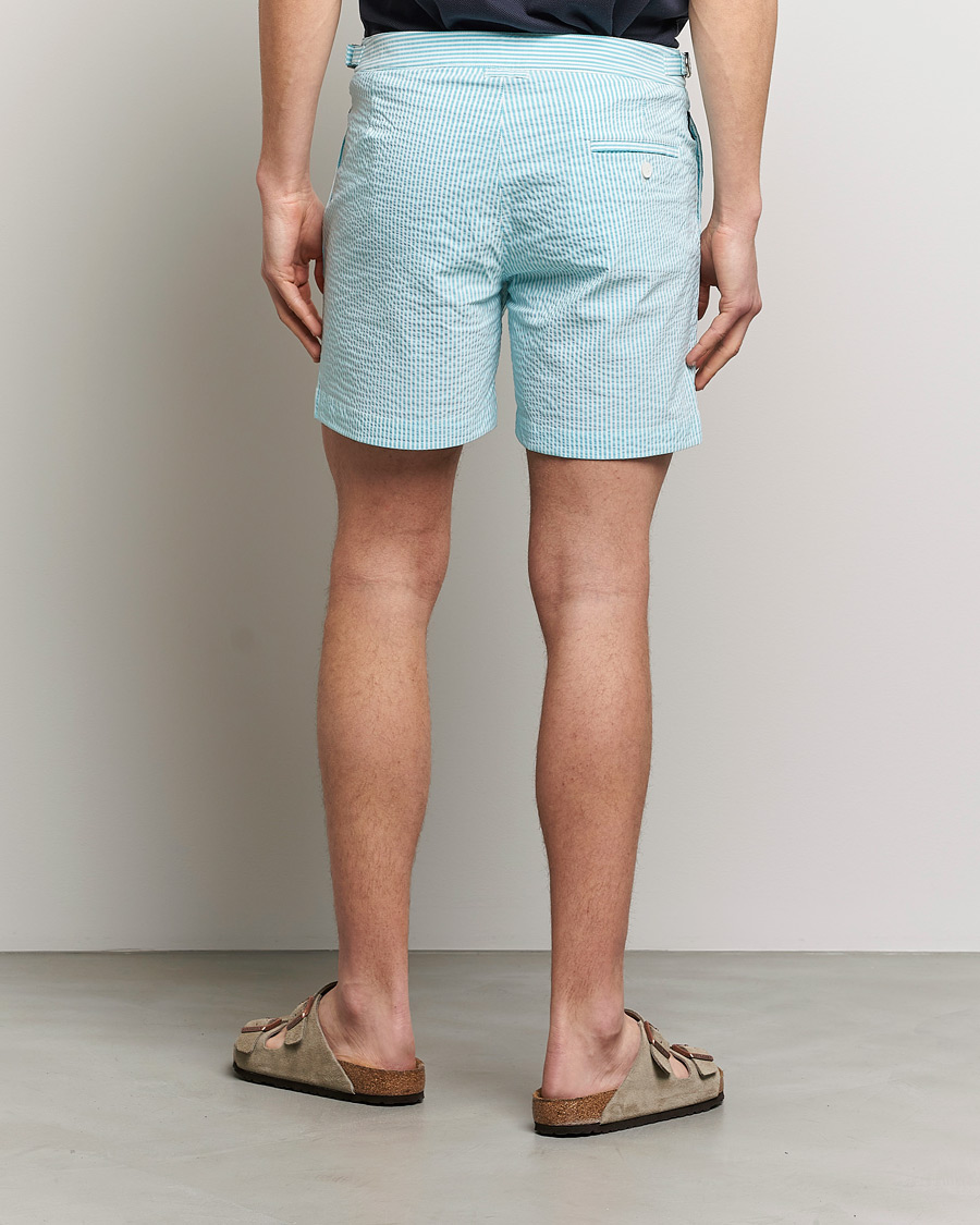 Men | Swimwear | The Resort Co | Tailored Swim Shorts Turquoise Stripe Seersucker