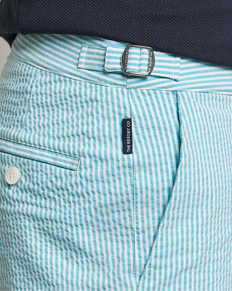 Men | Swimwear | The Resort Co | Tailored Swim Shorts Turquoise Stripe Seersucker