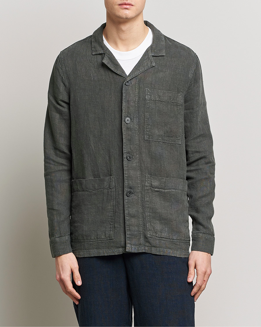 Men | Overshirts | A Day's March | Bangher Linen Overshirt Olive