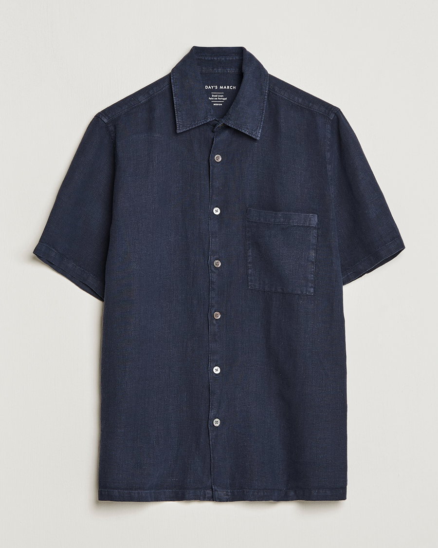 Men | Shirts | A Day's March | Khito Short Sleeve Linen Shirt Dark Navy