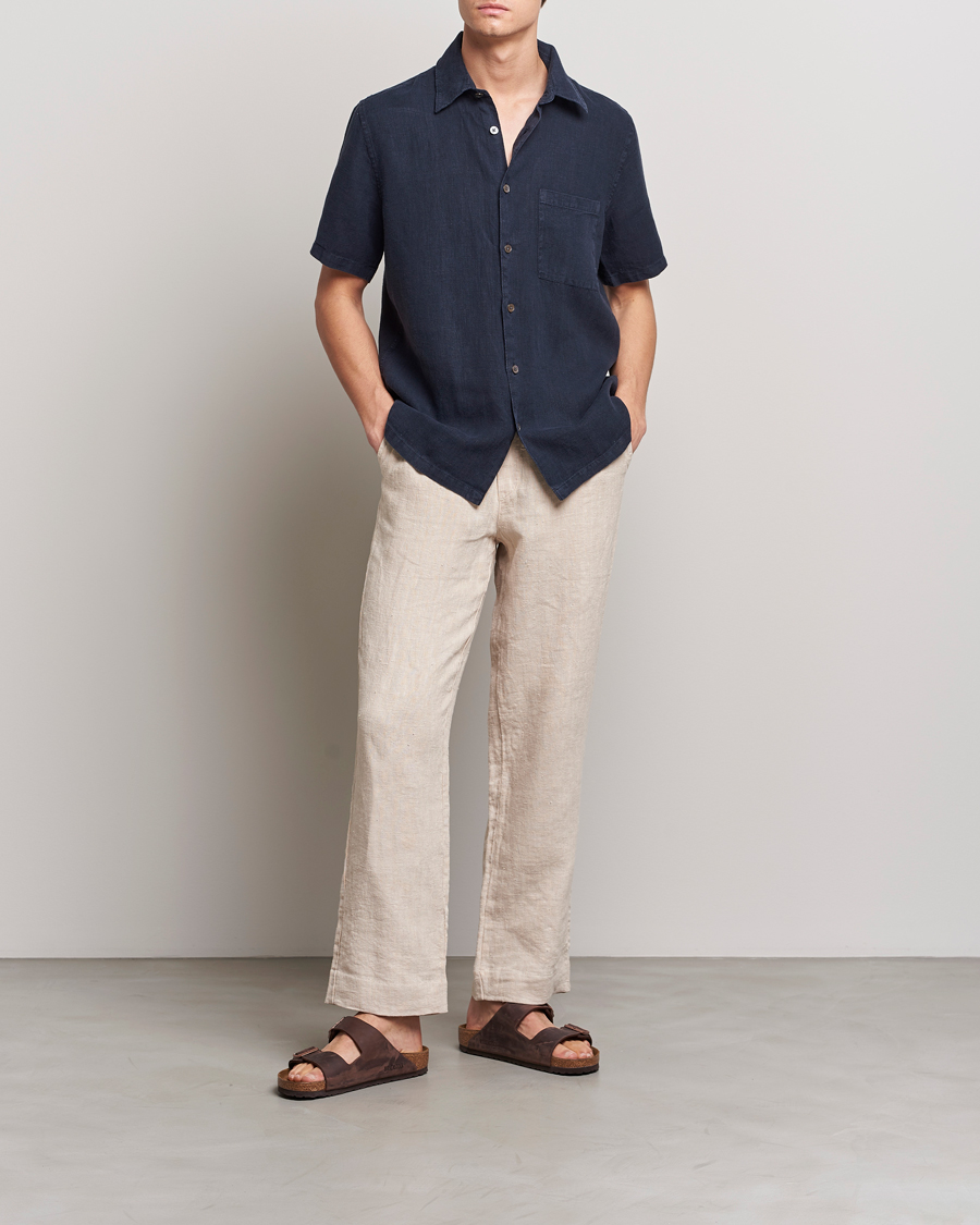 Men | Shirts | A Day's March | Khito Short Sleeve Linen Shirt Dark Navy