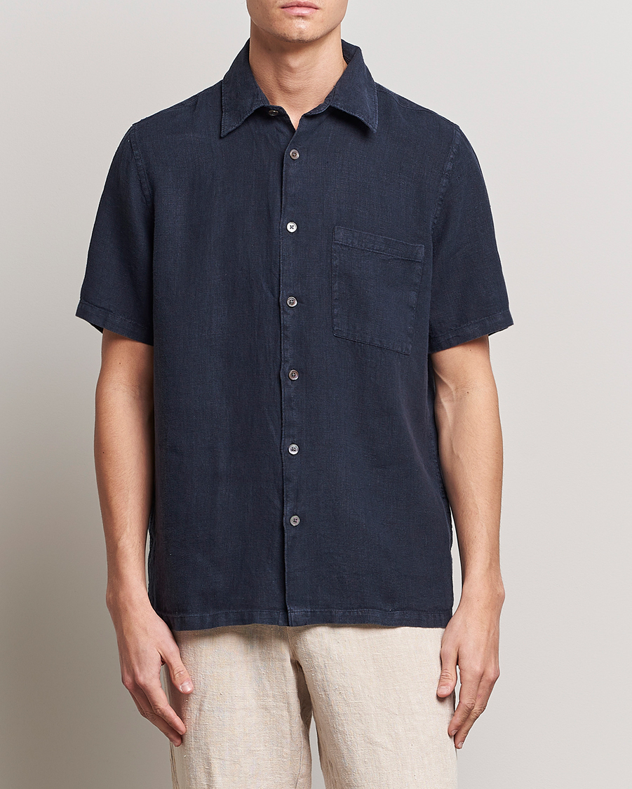 Men | Shirts | A Day's March | Khito Short Sleeve Linen Shirt Dark Navy